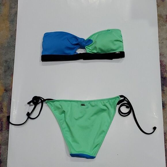PINK Color Block Bikini in Blue & Green Size S - Picture 4 of 13
